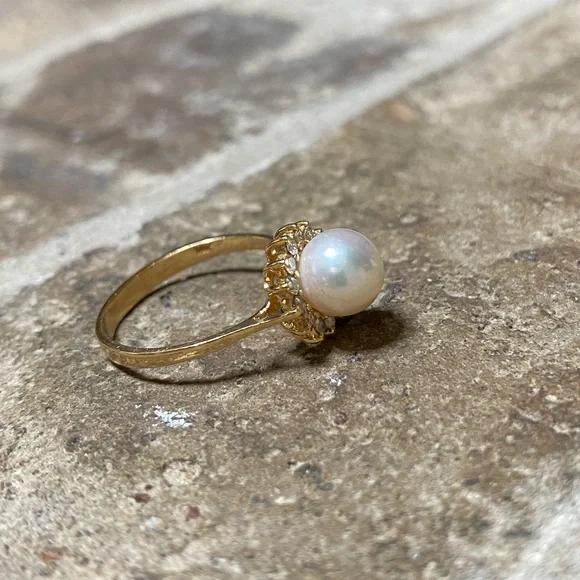 SOLID 14KT GOLD Ring Genuine Pearl with Natural Diamond Halo - Picture 6 of 11